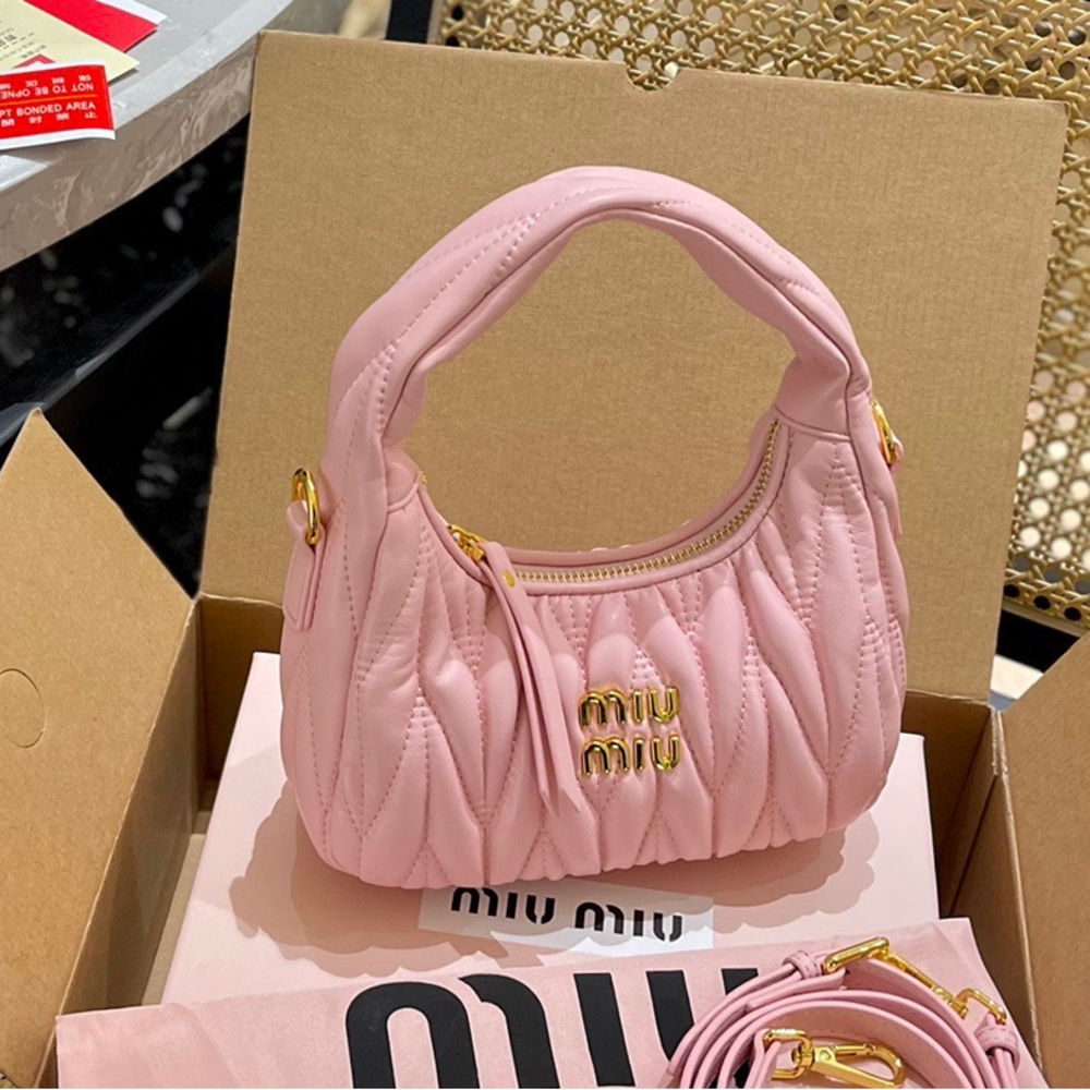 Miu Miu Quilted Baby Pink Mini Hobo Bag with Gold Hardware